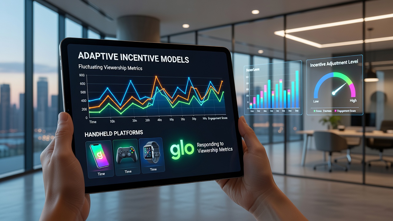 Analytics dashboard on a mobile screen showing viewership trends and corresponding incentive model updates for soccer events