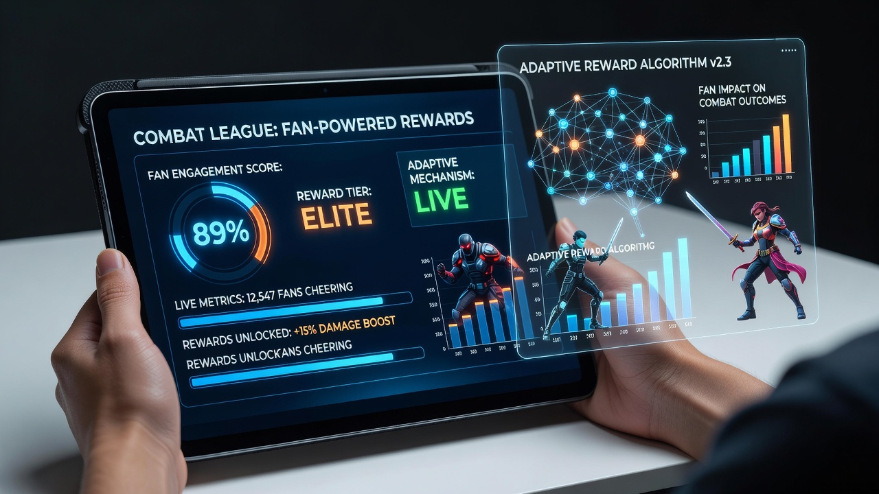 Mobile app interface displaying real-time fan engagement metrics and reward adjustments for combat league events