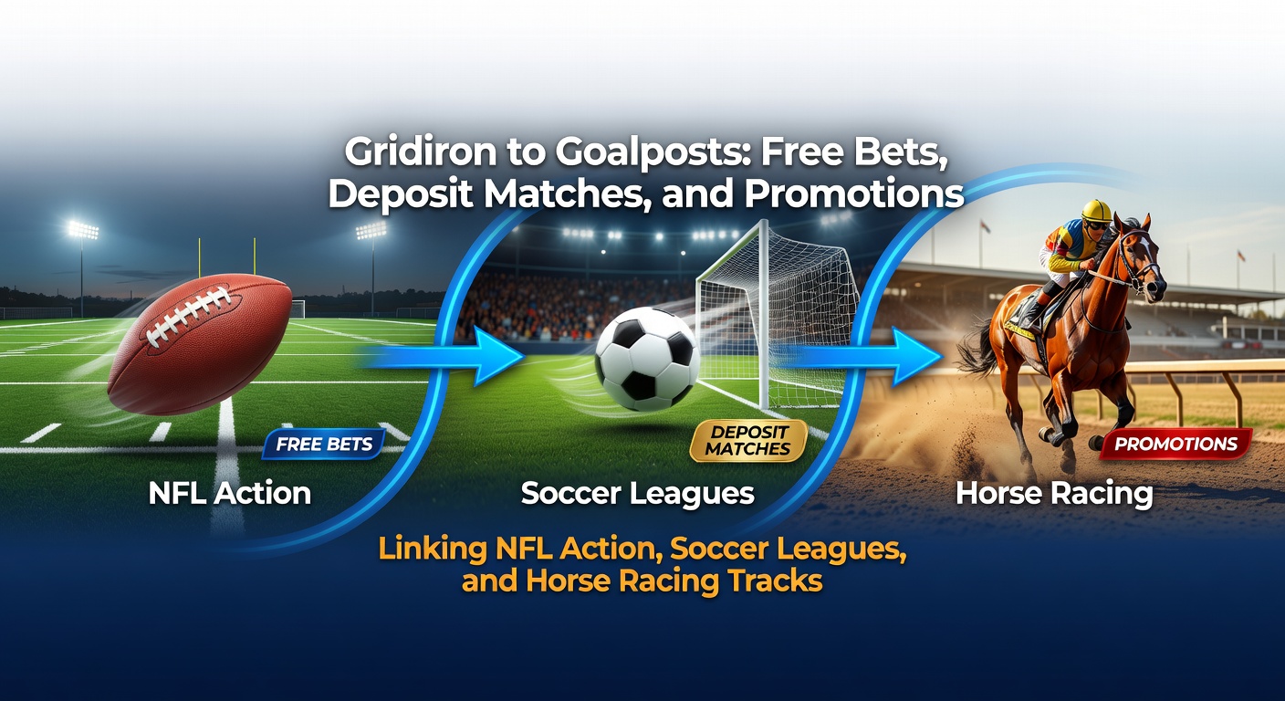 Collage of NFL touchdown celebration blending into soccer goalpost net and thundering horse race finish line, symbolizing interconnected betting promotions