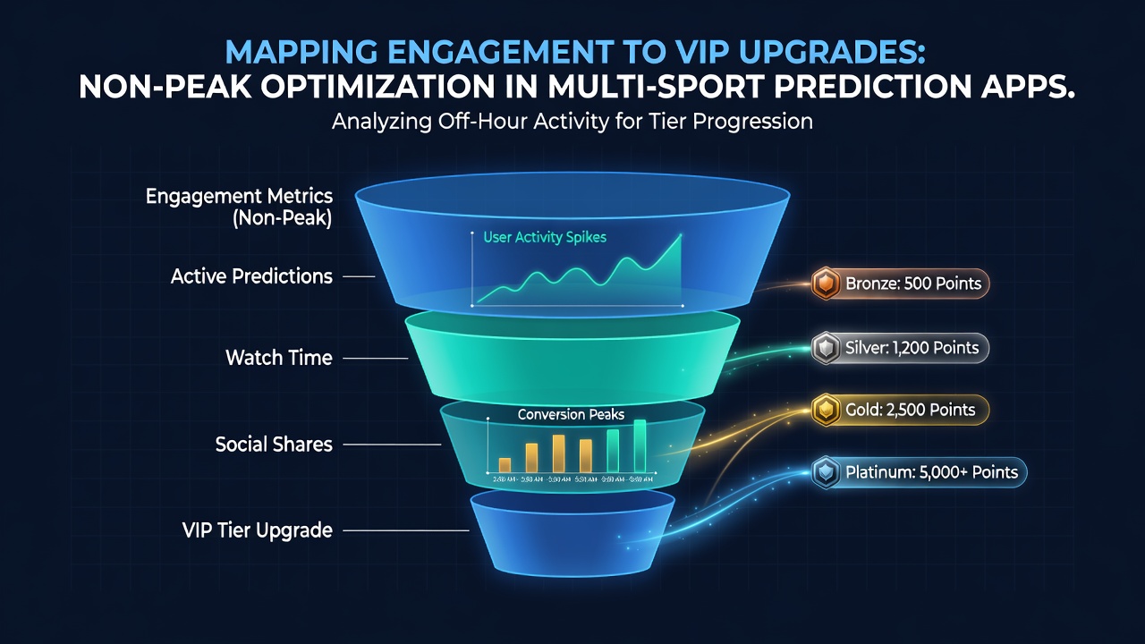 Dashboard view showing user engagement metrics and VIP tier progression in a multi-sport prediction app during off-peak periods