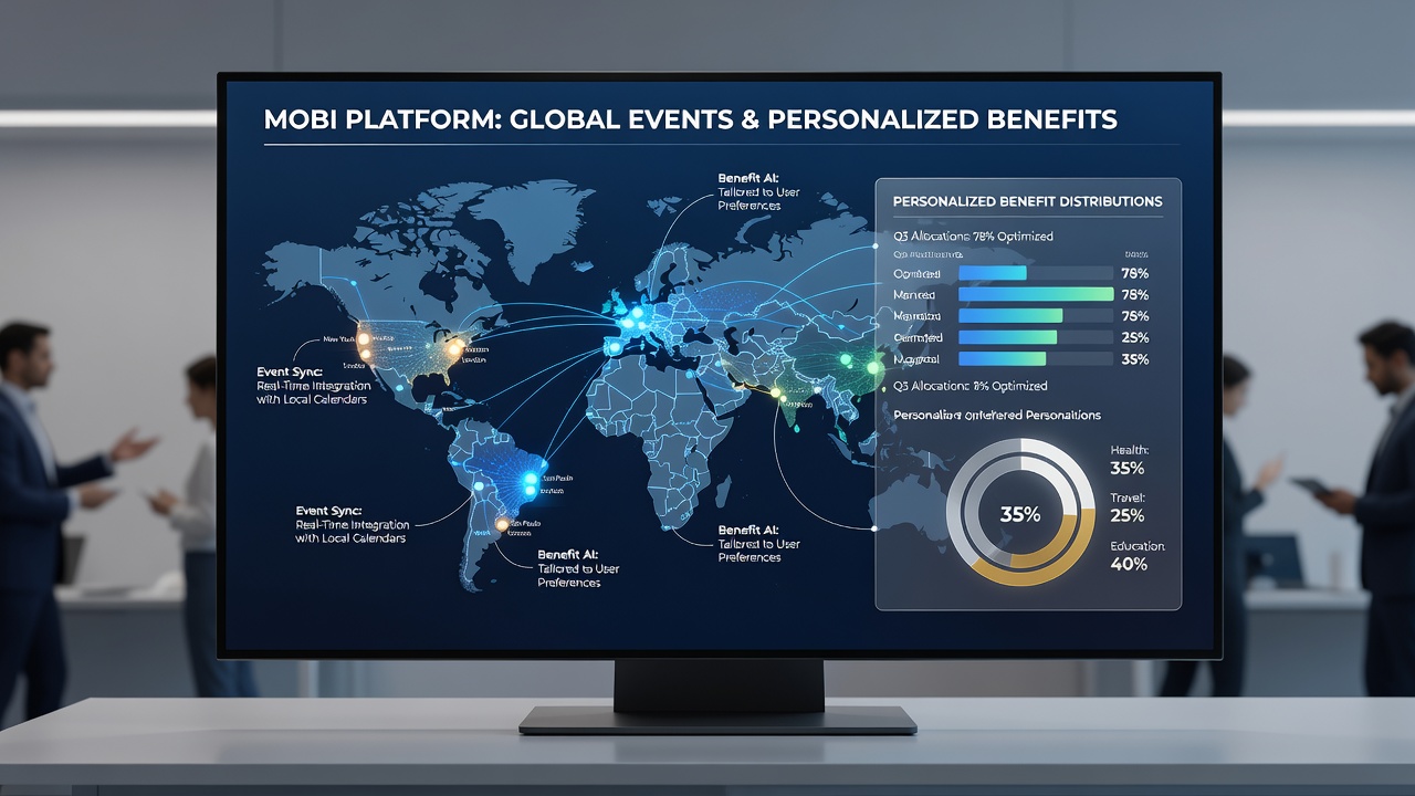 Analytics dashboard on a tablet showing synchronized event timelines and segmented user benefit distributions across multiple global regions