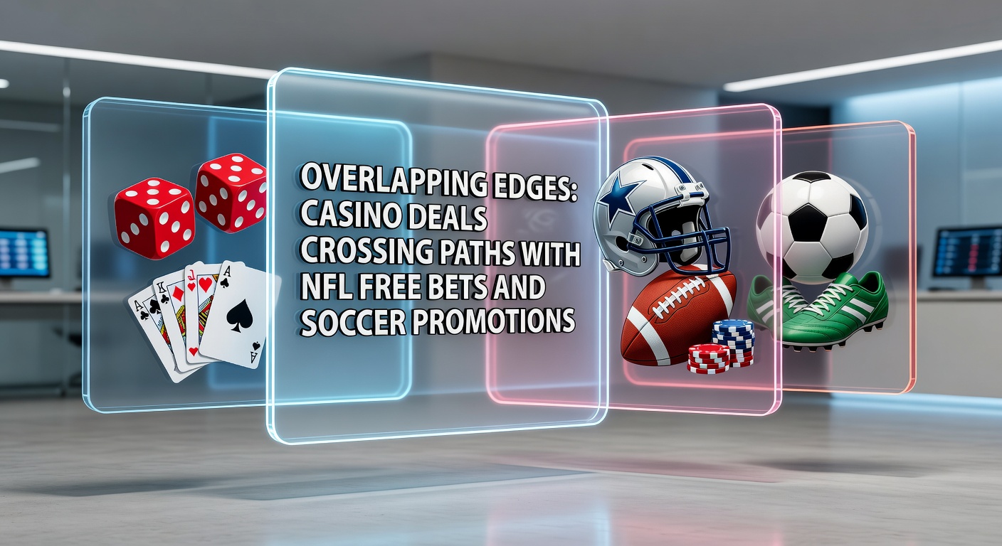 Digital screen showing overlapping casino slots, NFL betting slips, and soccer match odds in a unified promotion dashboard