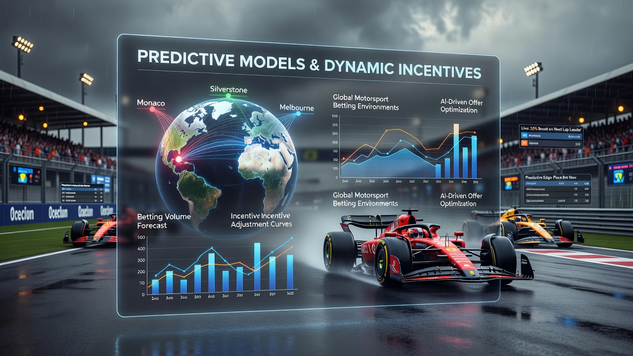 Predictive analytics dashboard displaying real-time motorsport betting data streams and incentive adjustments