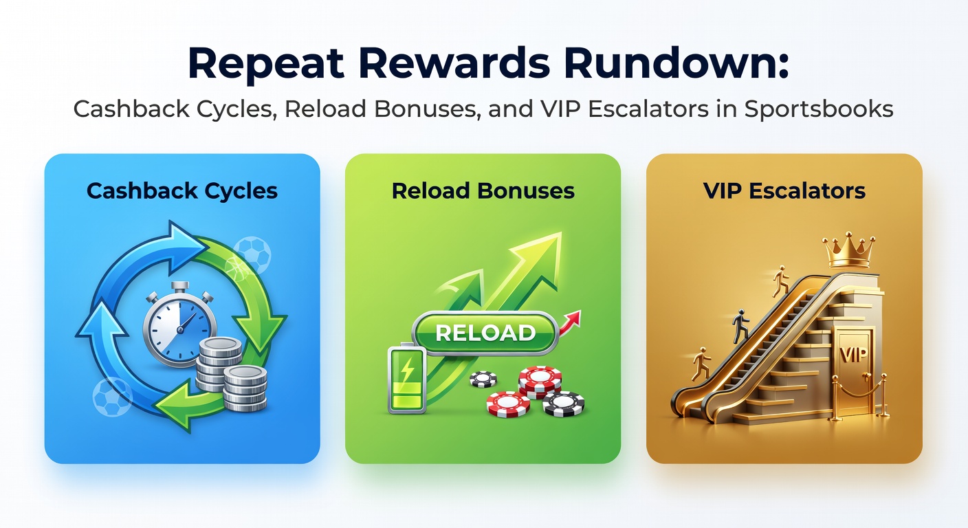 Graphic showing cycling cashback arrows, reload bonus icons, and escalating VIP tiers in a sportsbook interface