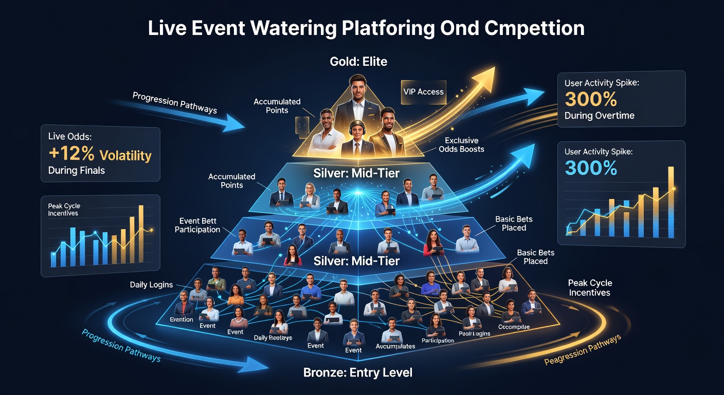Illustration of tiered loyalty levels progressing from entry to elite status in live wagering apps during major sports events