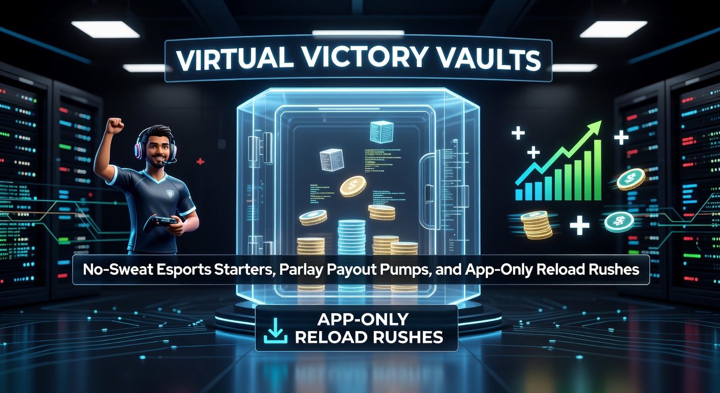 Dynamic esports arena with glowing virtual victory vaults and promotional banners highlighting no-sweat bets, parlay boosts, and app reload offers